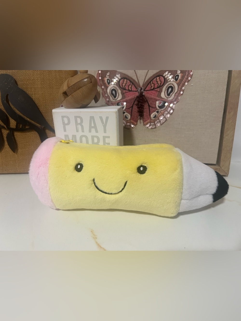 Smiling Plush Pencil Case for Kids - Yellow Pink White